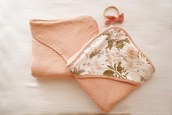 Little Jump Muslin Hooded Baby Bath Towels - 2 Pack 100% Cotton Towel for Babies, Infants, Toddlers - 32x32Inch - Highly Absorbent and Newborn Essential (Vintage Blossom)
