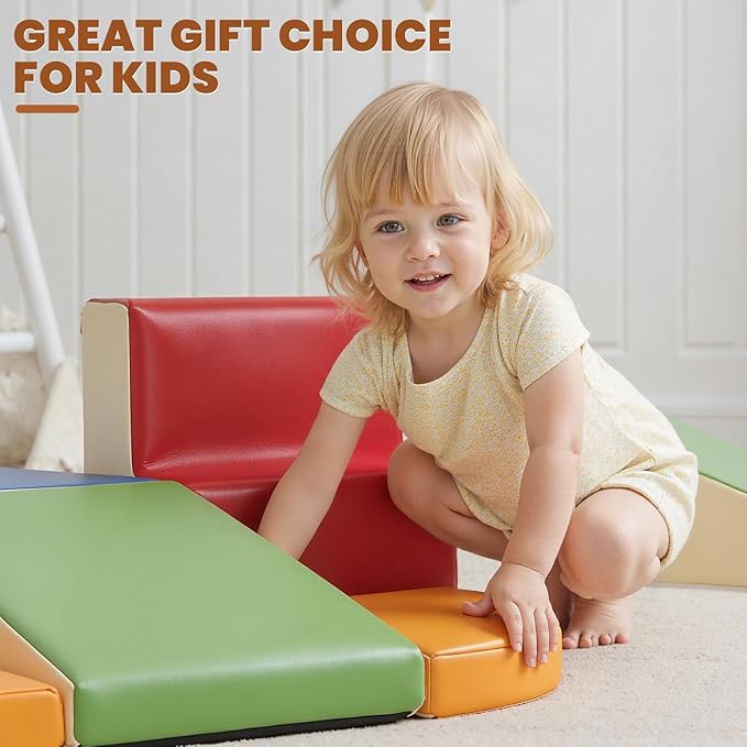 Hoohtoot Foam Climbing Blocks for Toddlers: 6-Piece Soft Play Set - PU Leather Climbing and Crawling Toys - Indoor Baby Learning Gym - Kids Play Structure for Birthday Gift
