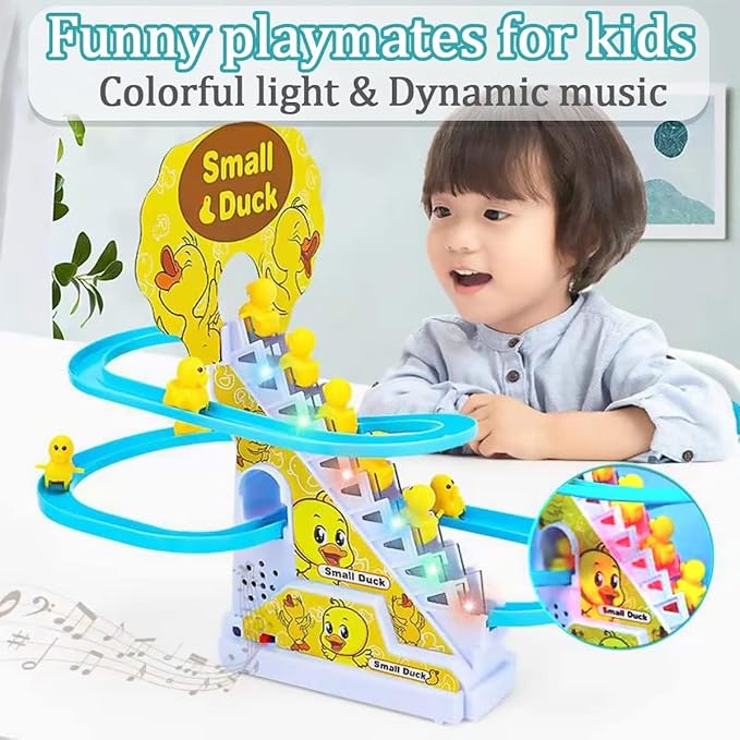 Small Ducks Climbing Toys,Electric Duck Climbing Stairs Tracks Slide Toy Set,Duck Roller Coaster Toy with Flashing Lights & Music On/Off Button
