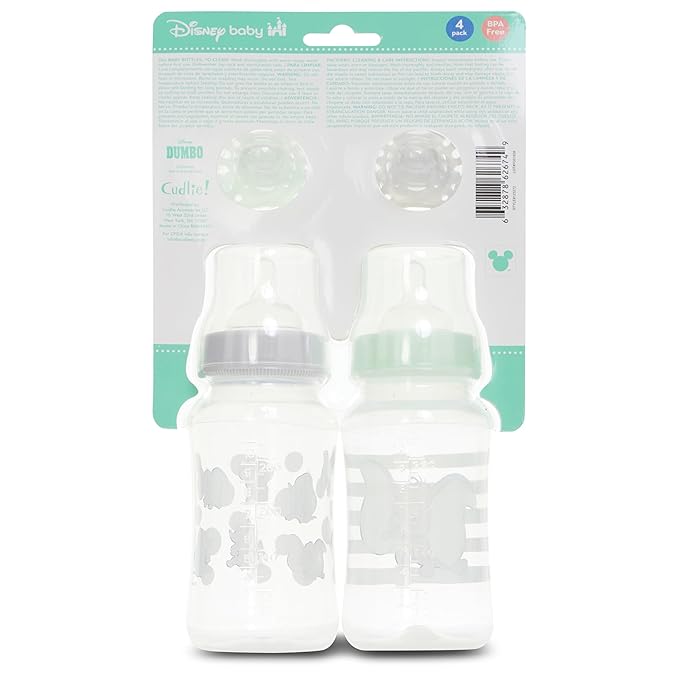 Disney Baby Bottles and Pacifiers Set – 2 Hourglass-Shaped 11oz Bottles + 2 Orthodontic Pacifiers – Officially Licensed Mickey, Minnie, Pooh & Dumbo Designs – BPA-Free Feeding Gift Set