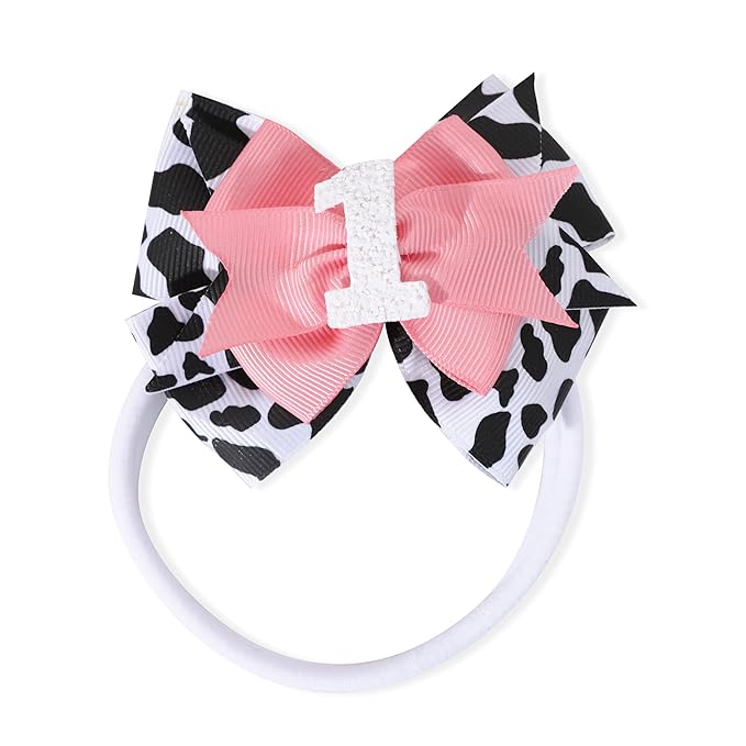 Cow Print Bow Headband for Girls - Pink, 1st Birthday Party Decorations, Farm Animal Themed Party Decor, One Headband Photo Prop (Cow1)
