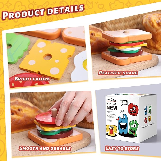 LovesTown Wooden Sandwich Stacking Toys for Kids, Preschool Learning Toys with Cards, Montessori Educational Playset