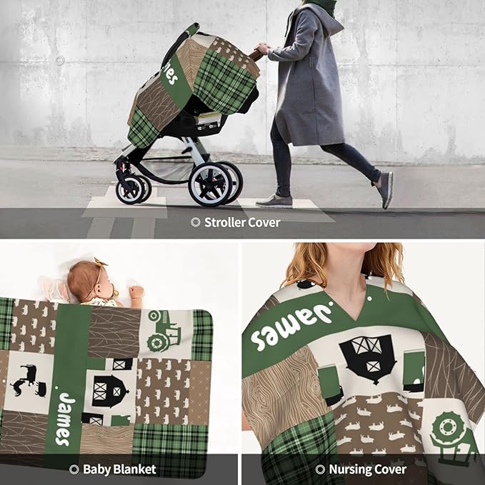 Personalized Baby Car Seat Canopy for Babies with Name, Custom Car Seat Covers for Boys and Girls, Infant Opening Minky Nursing Breastfeeding Stroller Cover Carseat Canopies for Newborn (Farm Life)