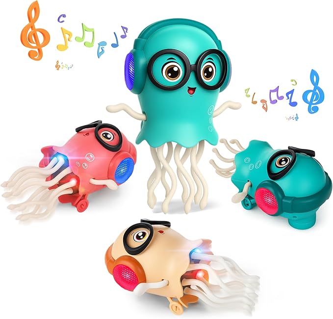 Vodolo Magic Electric Dancing Jellyfish Toy with Led Light and Music,Playful Automatic Steer Crawling Dancing Baby Toy with Smart Tentacle Explorer,Dancing Octopus Toy,Tummy Time Toys,Orange