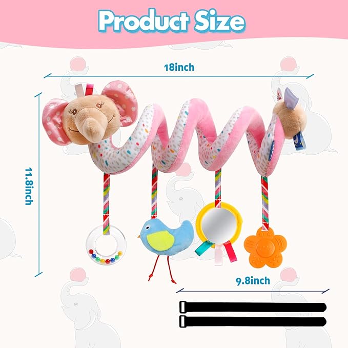 GKDOMS Baby Car Seat Toys Activity Stroller Toy for Boys Girls 0 3 6 9 10 12 Months, Spiral Hanging Plush Toys, Baby Shower Thank You Gifts