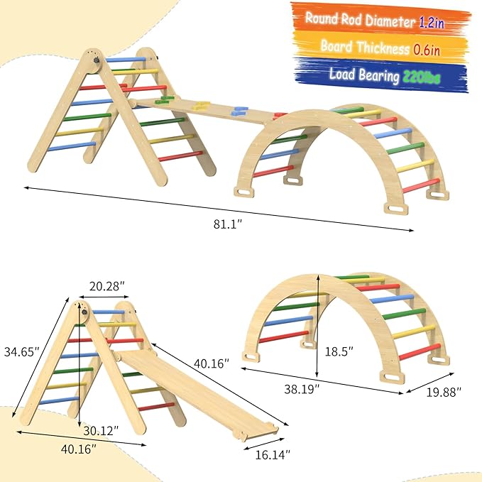 Pikler Triangle Set, 7 in 1 Foldable Climbing Toys Set for Kids, Baby Jungle Gym with Ramp & Arch, Wooden Montessori Climbing Set Indoor for Toddler (Colorful)
