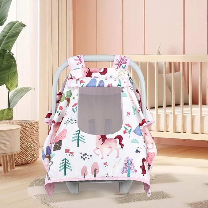 Car Seat Cover Baby,Man Fai Sky Infant Car Seat Covers Girl with Breathable Mesh Peep Window,Windproof and Peek-Proof Newborn Carrier Canopy for 4 Seasons,Pink