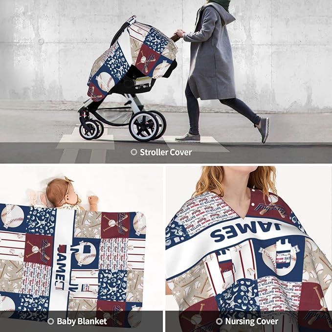 Personalized Baby Car Seat Canopy for Boys and Girls, Custom Name Baby Car Seats Covers for Babies, Opening Minky Nursing Breastfeeding Stroller Cover Infant Carseat Canopies for Newborn (Baseball)
