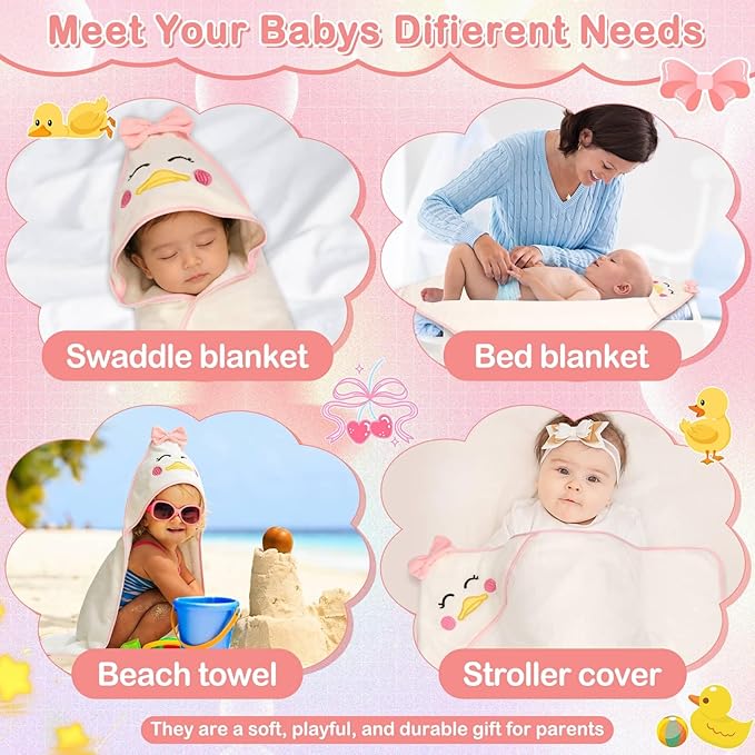 Flasoo 4 PCS Baby Towels Set, Soft Baby Towels and Washcloths Set, 1 Hooded Baby Towel and 3 Baby Washcloths for Newborns, Toddlers, and Kids, 32x32 Baby Towel with Hood for Boy and Girl (Pink Duck)