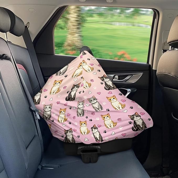 GIFTPUZZ Cute Cat Stretchy Car Seat Cover for Babies, Nursing Cover Breastfeeding Cover, Soft Breathable Infant Carseat Canopy, Shopping Cart/High Chair/Stroller Covers, Universal