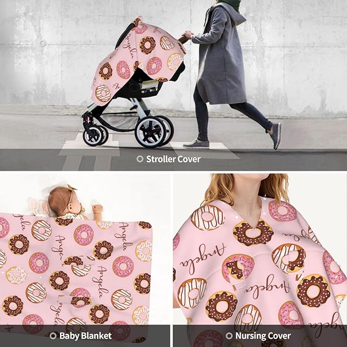 Personalized Baby Car Seat Canopy for Babies with Name, Custom Doughnut Stroller Car Seat Covers for Girls, Minky Nursing Carseat Cover for Breastfeeding, Car Seat Canopies for Newborn