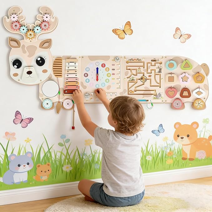 Reindeer Activity Wall Busy Board Panels, 12-in-1 Sensory Wall Panel for Kids, Toddler Montessori Learning Activity Center, Perfect for Toddler Playroom Nursery Classroom Dentist Waiting Room