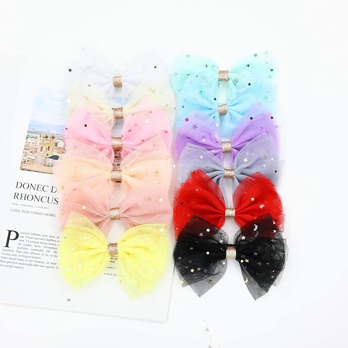 inSowni 12 Pack Tulle Bow with Glitter Star Alligator Hair Clips Barrettes Accessories for Baby Girls Toddlers Kids Children Teens Medium