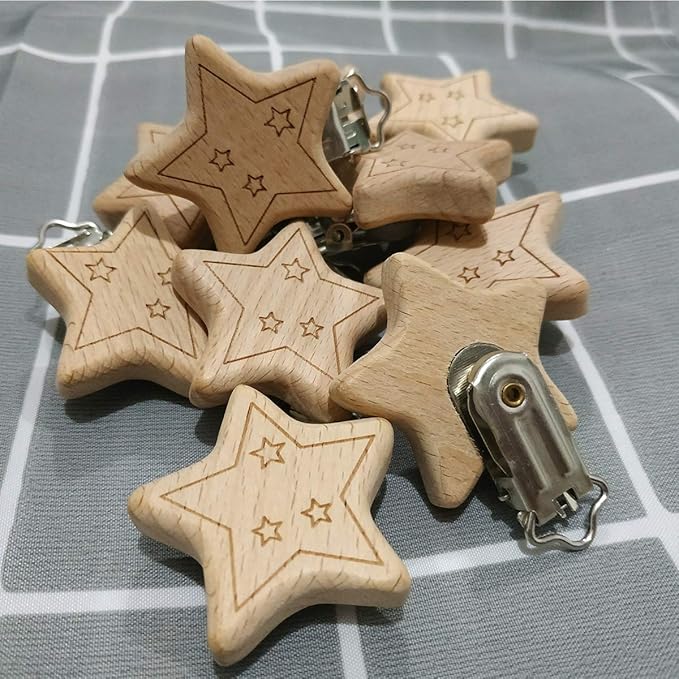 20pcs Natural Wood Suspender Pacifier Clips Cute Beech Wooden Animal Start Shape Clips DIY Beading Pacifier Chain Accessory