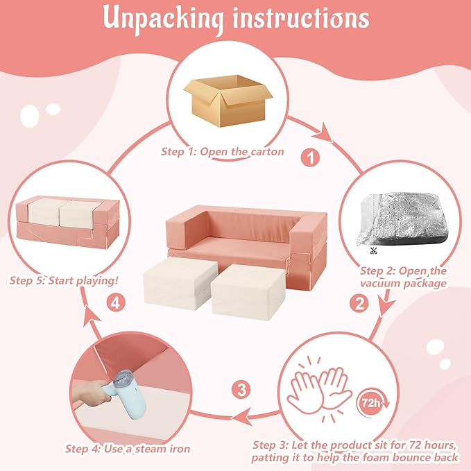 Toddler Foam Climbing Blocks|Modular Kids Soft Play Couch Sofa with 2 Ottomans Indoor,Baby Crawling & Sliding Foldable Soft Play Set with Stair,Beige & Pink