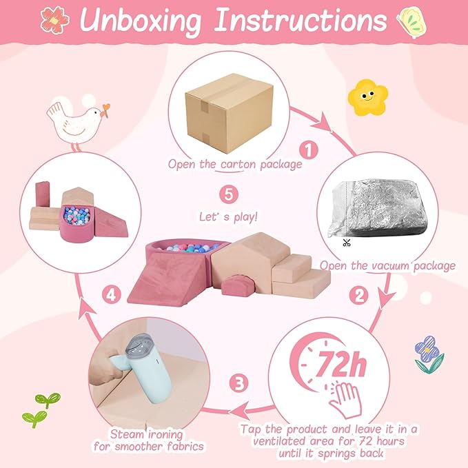 5-Piece Foam Climbing Blocks for Toddlers 1-3,Mini House-Shaped Soft Play Set with Ball Pit,Infant Crawling and Tumbling Play Gym with Ramp and Play Mat,Aesthetic Room Decor,Pink & Beige