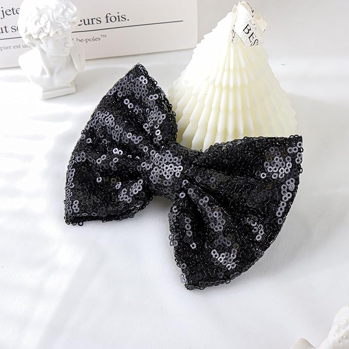 Hair Clip for Girls, 5 inches Sequins Large Bow with Alligator Clip for Bows Hair Accessories, Black