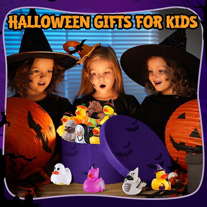 24 PCS Halloween Rubber Ducks with Bag, Bulk Halloween Ducks Toys for Jeeps Ducking Party Favors Goodie Bag Stuffers, Horror Ducks for Halloween Treats Non Candy Prizes Bath Toys Gifts for Kids