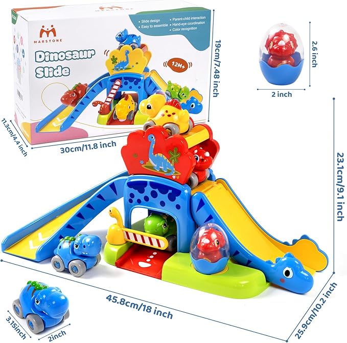 Marstone Toddler Toys 1 2 Year Old Boy Gifts: Dinosaur Slide with 4 Animal Cars Educational Baby Toys 12-18 Months, First 1st Birthday Gifts for Kids, Girls, Push Car Race Track for Toddlers 1-3