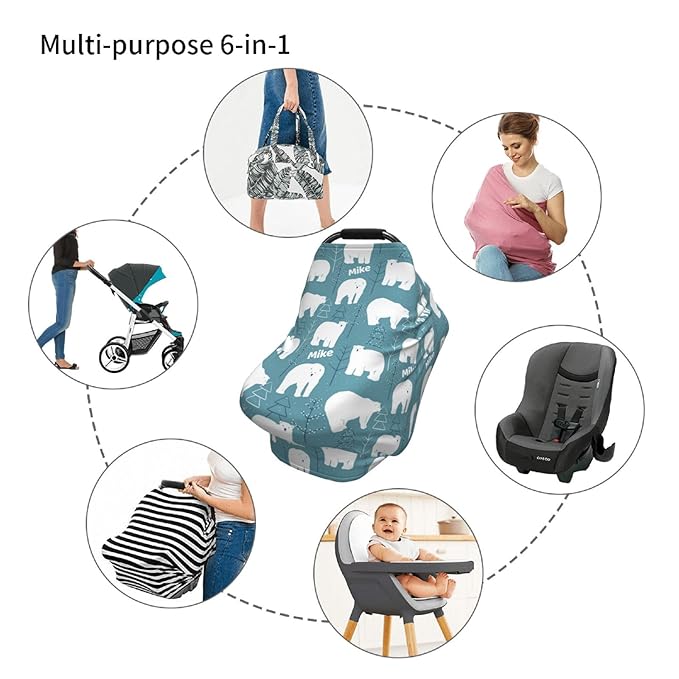 Personalized Baby Car Seat Cover for Boys Girls, Custom Polar Bear Nursing Covers for Breastfeeding with Name, Infant Stroller Cover, Baby Carseat Canopy for Newborn, Multiuse Car Seat Canopies