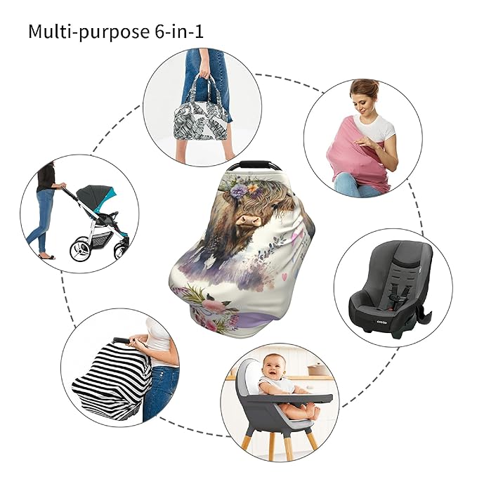 Personalized Highland Cow Baby Car Seat Cover with Name,Multi-Use Canopy for Nursing, Strollers,Shopping Carts,Customized Breastfeeding Cover, Full Privacy,Infant Stroller Cover