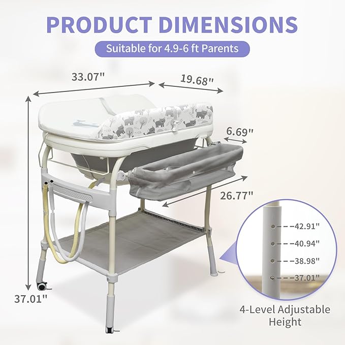 2 in 1 Baby Bathtub with Changing Table, DEYGIA Waterproof Diaper Changing Station Portable Changing Table Adjustable Height Nursery Organizer with Storage Rack for Newborn Infant Toddler, Cat Pattern