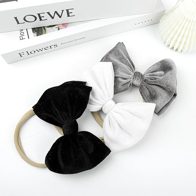 YanJie Brand Hairband - Handmade Velvet Baby Bows & Stretchy Nylon Headbands for Girls Infants Toddlers Child(4.5 black-velvet, 3 Count)