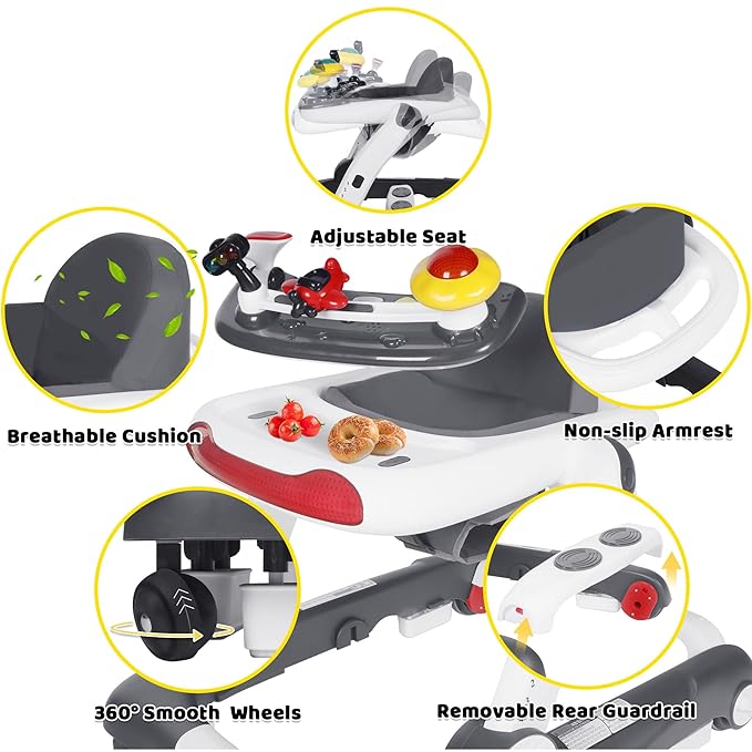 TODEFULL 6 in 1 Baby Walker, Baby Activity Walker for Toddler, Push Walker w/Adjustable Height Speed, Learning-Seated & Walk-Behind, Infant Walker w/Feeding Tray & Music Toys, Grey