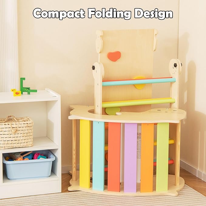 Olakids Pikler Triangle Set 7 in 1 Climbing Toys for Toddlers 1-3 Inside Foldable Wood Montessori Jungle Gym with Ramp Slide Arch Rocker Angle Adjustable Ladder Indoor Kids Playground Baby Climber