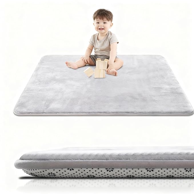Baby Play Mat for Floor, 1.2″ Thick Foam 71X59 Playpen Mat, Ultra-Soft Velvet for Tummy Time & Crawling, Non-Slip Backing and Easy to Clean, Safe for Infants, Toddlers, and Kids (LightGray)