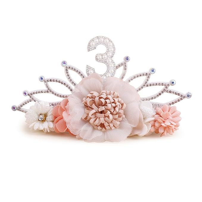 cherrboll Flower Headband Birthday Crown for Girl, Floral Nylon Hairband for 1-3 Years Old Toddler, 3rd Birthday Party Dress Photo Decoration Hair Accessory