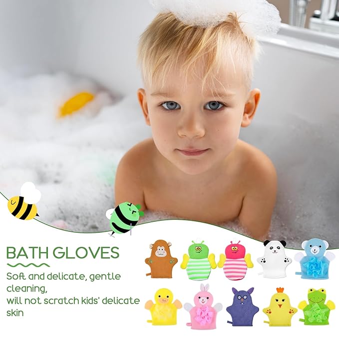 Sibba 10 Pcs Baby Bath Mitt Washcloths Gloves, Gentle Cute Exfoliating Wash Mitt Animal Pattern, Baby Mittens Bath Towel Glove Soft Scrub Toddler Wash Cloths Body Scrubber Bathing Loofah Infant Gloves
