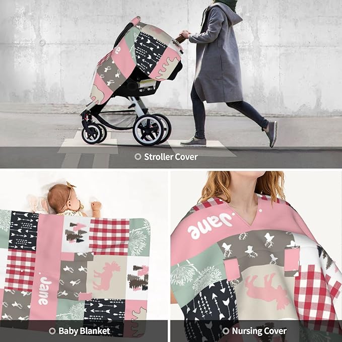 Personalized Baby Car Seat Canopy for Babies with Name, Custom Car Seat Covers for Girls, Infant Opening Minky Nursing Breastfeeding Stroller Cover Carseat Canopies for Newborn (Deer and Bear Pink)