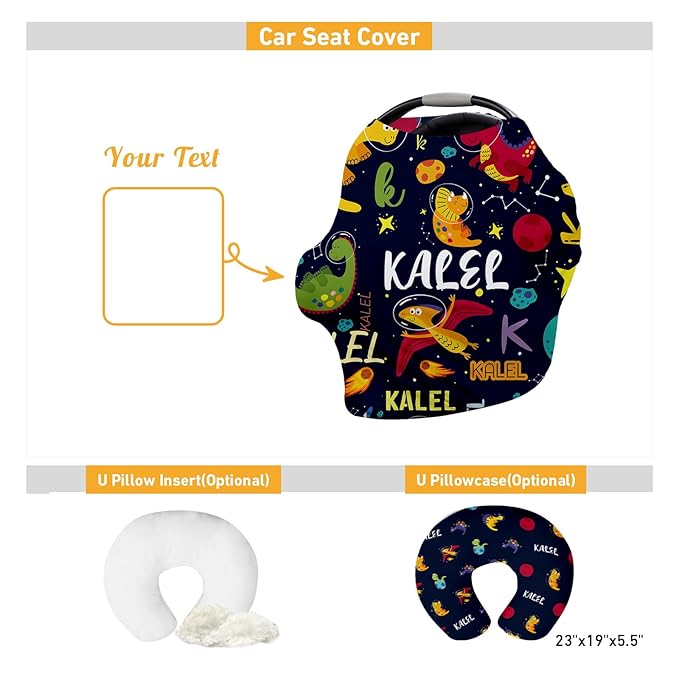 Custom Name Car Seat Canopy - Baby Car Seat Covers, Infant Stroller Cover, Black Dinosaur Print Carseat Canopy Christmas Birthday Gifts for Girls and Boys(27"x29")