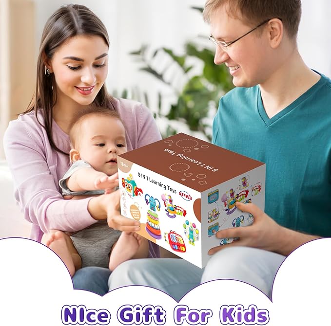 usrela 5 in 1 Baby Toys for 9 12 18 Month, Learning Toy for Babies 6-12 Months, Baby Busy Cube, Stacking&Sensory, Pull String&Piano Xylophone Toy, Birthday Gift for 7 8 9 Month