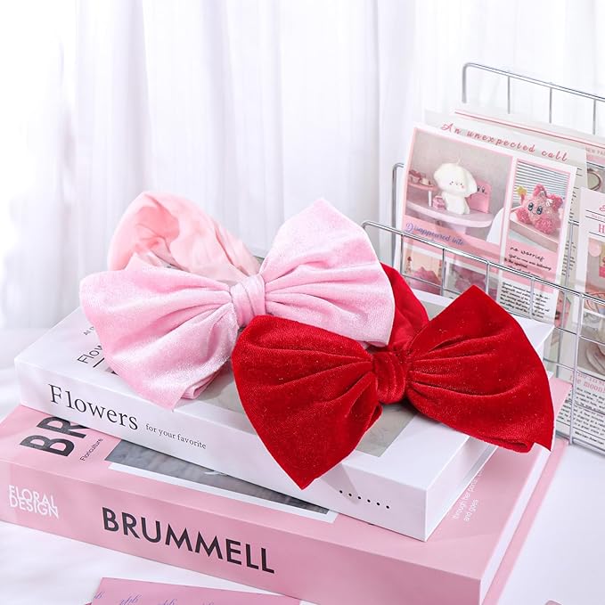 YanJie Headbands, 6" Red Pink Velvet Hairband, Handmade Valentine's Day Baby Hair Accessories, One Size, 5 Count, for Newborn Infant Toddlers Kid
