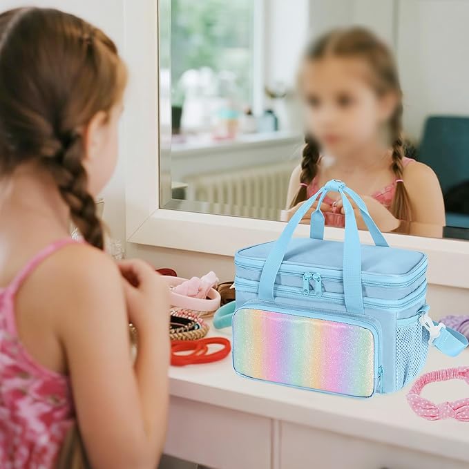 GRAOSO Hair Bow Organizer for Baby Girls, Double Layer Hair Accessories Storage Bag, Rainbow Sequins Design, with Handle and Detachable Shoulder Strap (Case only) (Blue)