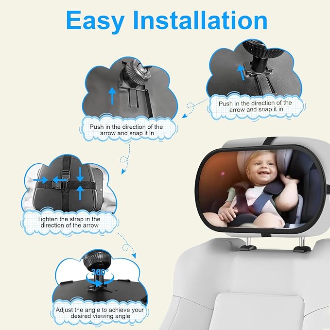 Baby Car Mirror, Rear Facing Car Seat Mirror Safety for Infant Newborn, Clear Wide View, 360° Rotation, Easily Observe the Baby Move, Secure, Shatterproof(Black)