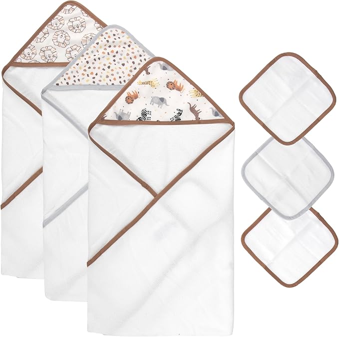 Baby Bath Essential Hooded Baby Bath Towel and Washcloth 6 Piece Set for Newborns, Infants & Toddlers, Boys & Girls Baby Hooded Towels Set (Safari Animals)