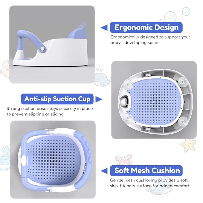 Baby Bath Seat for Babies 6 Months & Up Sitting Up | 360° Stable Toddler Bath Chair with One-Touch Button | Baby Bath Tub Seat with Suction Cups | Open Design, Compact, Detachable, Non-Slip(Blue)