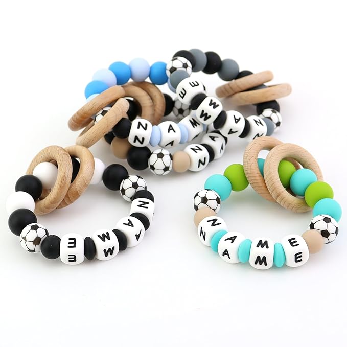 Personalized Baby Teether with Name,Custom Football Teether Rattle for Boys Girls Toddler Newborn Gift, Silicon Teeting with Natural Beech Wood Ring