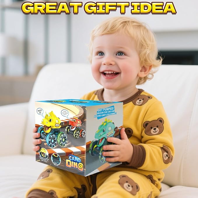Intoypad Green Dino Monster Truck – LED Light-Up Press and Go Toy Car for Toddlers Age 2 3 4 5 – Dinosaur Truck with Flashing Wheels and Chomping Mouth for Boys and Girls