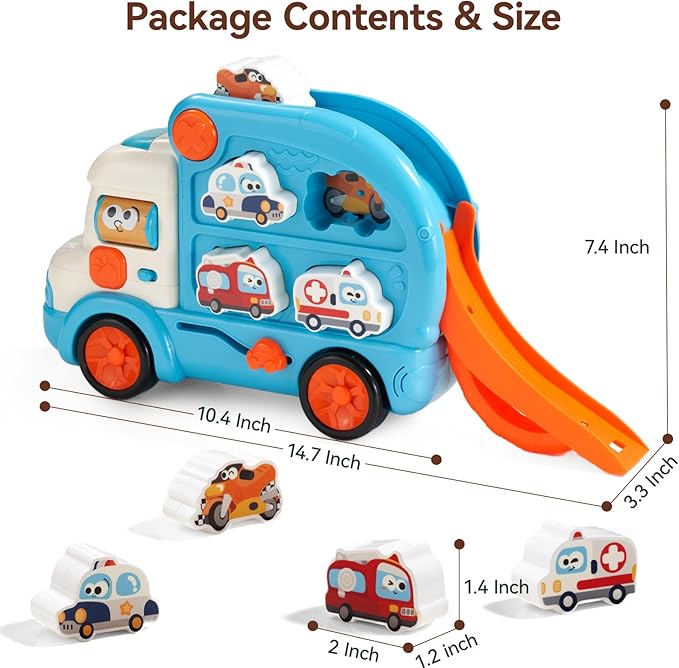Interactive Matching Car Toy for Toddlers 1-3, 3-in-1 Shape Sorting Vehicle Truck with Realistic Sounds & Music, Early Learning Birthday Gift for 1 2 3 Year Old Boys Girls