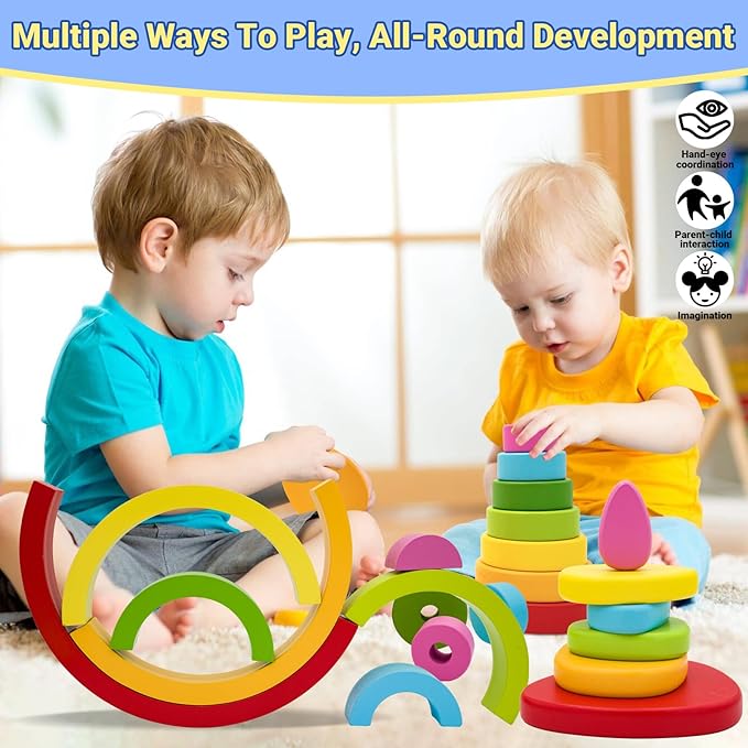 MEGRANATE Montessori Wooden Rainbow Stacking Toys for Baby Grimms Wood Building Blocks Nesting Puzzle Toy Colorful Stacker Arch Game Sensory Educational Learning Toys for 3+ Year Old Toddler