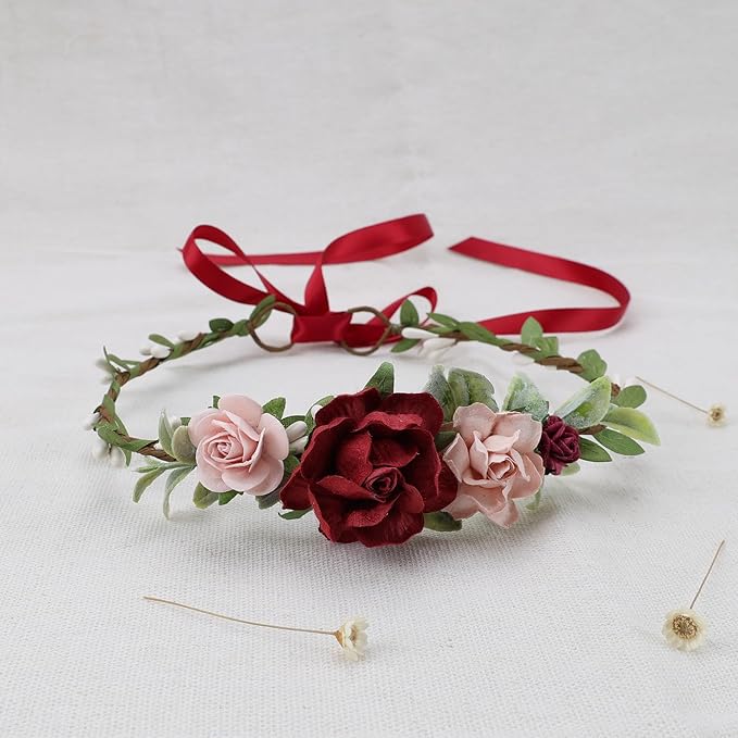 Flower Crown for Girls Floral Headpieces Kids Headband Wedding Halo Hair Pieces Children Hair Wreath Photo Prop (Burgundy-Child Size)