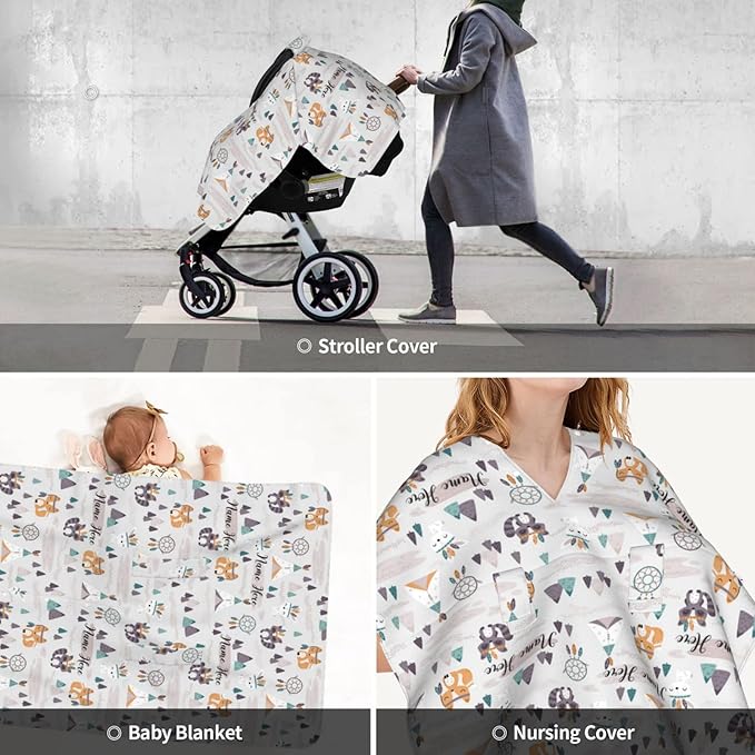 Personalized Woodland Fox Baby Infant Car Seats Canopy for Babies with Name, Custom Multi-use Blankets for Baby Boys Girls, Peekaboo Minky Nursing Breastfeeding Stroller Cover Canopies for Newborn