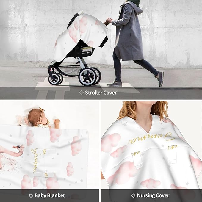 Custom Baby Car Seat Canopy with Name, Personalized Stroller Baby Car Seat Covers for Girls, Minky Nursing Carseat Cover for Breastfeeding, Car Seat Canopies for Infant Newborn(Swan Cloud)