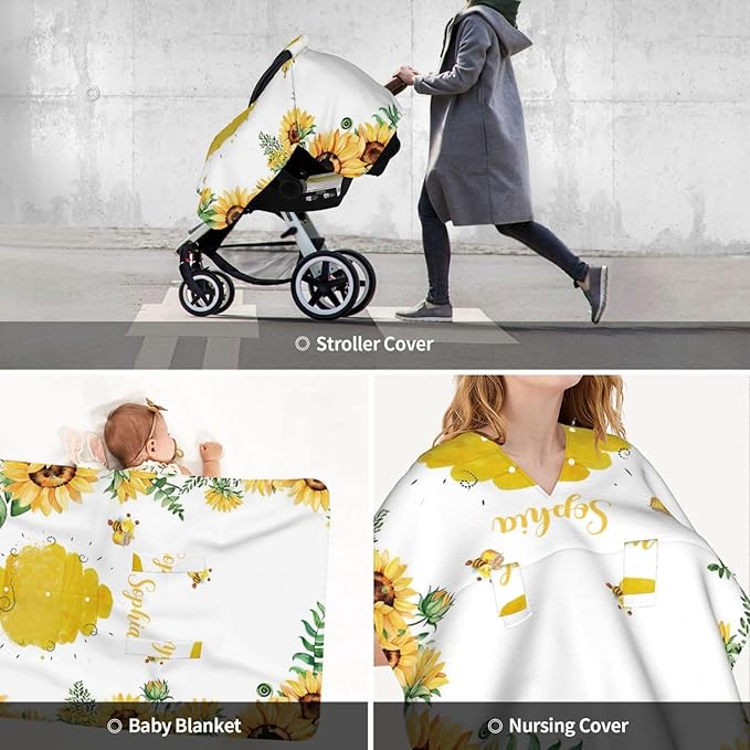 Personalized Baby Car Seat Canopy, Custom Name, Sunflower Bee, Water Resistant, Universal Fit, Polyester, Car Seat Canopy Cover