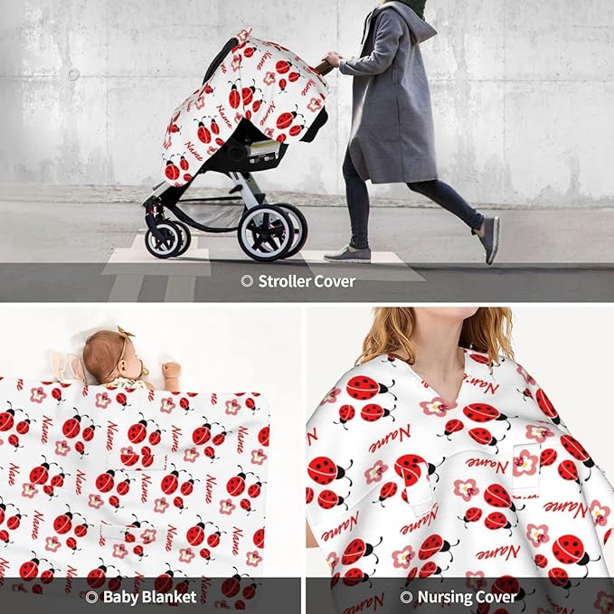 Personalized Lady Bug Baby Car Seat Canopy with Name, Custom Light Weight Minky Covers for Baby Boy Girl, Nursing Breastfeeding Stroller Cover Canopies for Newborn