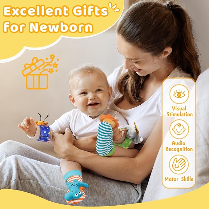 URMYWO Wrist Rattles for Baby - Rattle Socks - Foot Finder Set - Baby Toys for 0-12 Months Infant - Newborn Essentials - Early Learning Sensery Toys for Boy Girl as Shower Gifts Easter Basket Stuffer